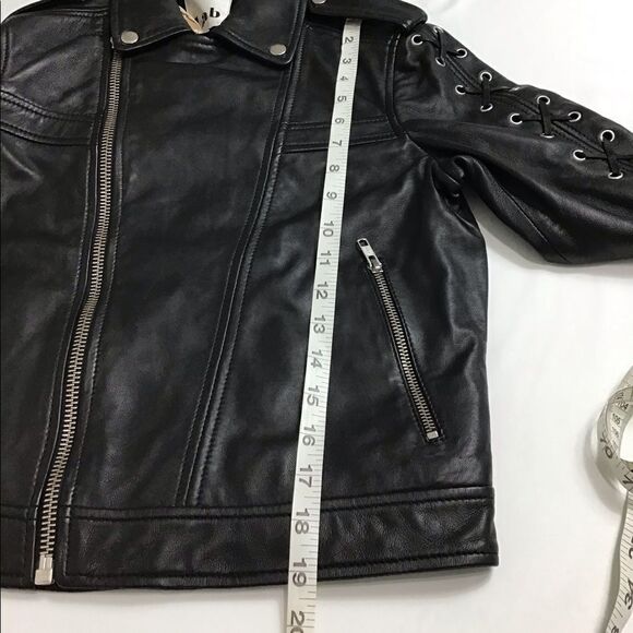 Lab London Black Leather Moto Biker Jacket  Lattice Sleeve Size Medium - Picture 8 of 10
